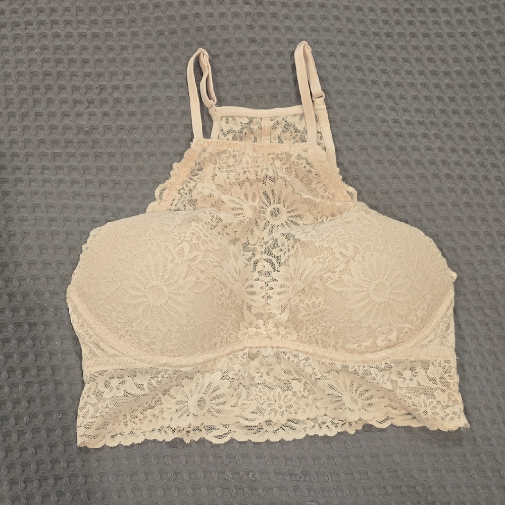 PINK Victoria's Secret Cream Lace High-Neck Bralette with Racerback